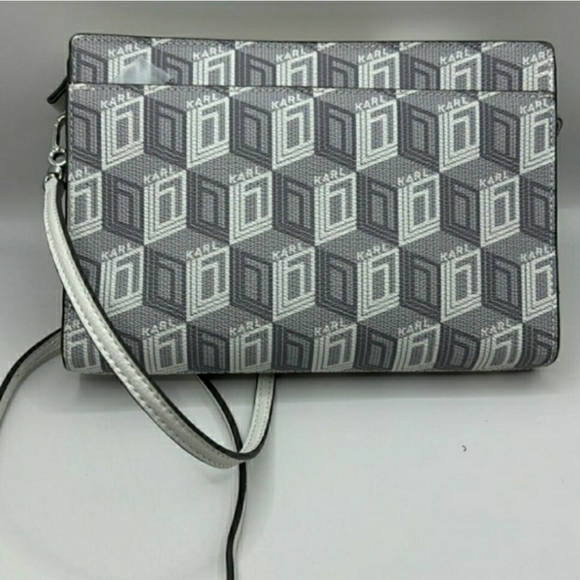 NWT! Rare! Karl Lagerfeld Gray & White Geometric Adele Crossbody / Wristlet Bag - Picture 4 of 10